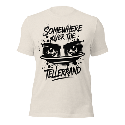 Staubfarbendes Unisex T-Shirt mit Somewhere over the Tellerrand Print und Augen die über Tellerrand schauen
