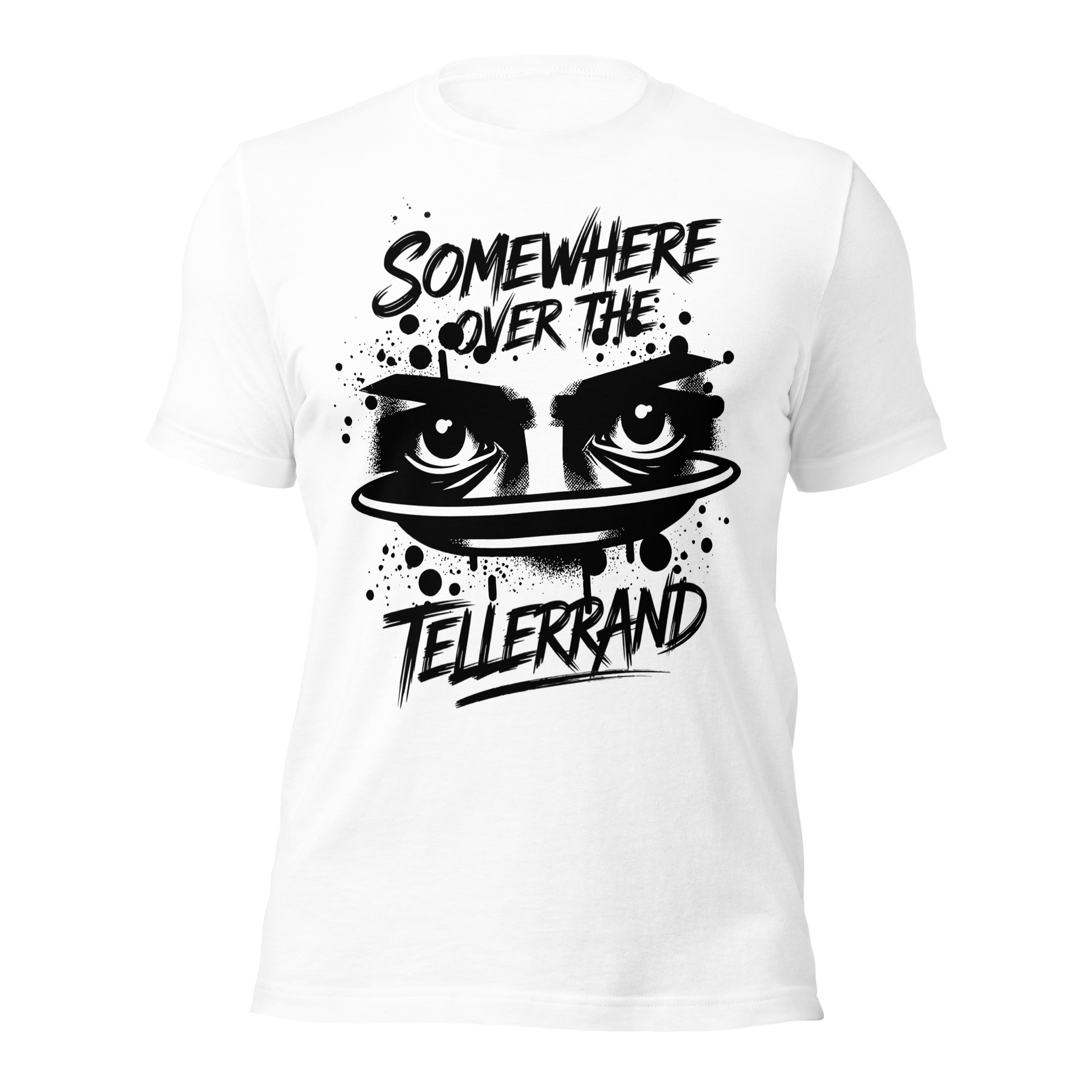 Weißes Unisex T-Shirt mit Somewhere over the Tellerrand Print und Augen die über Tellerrand schauen