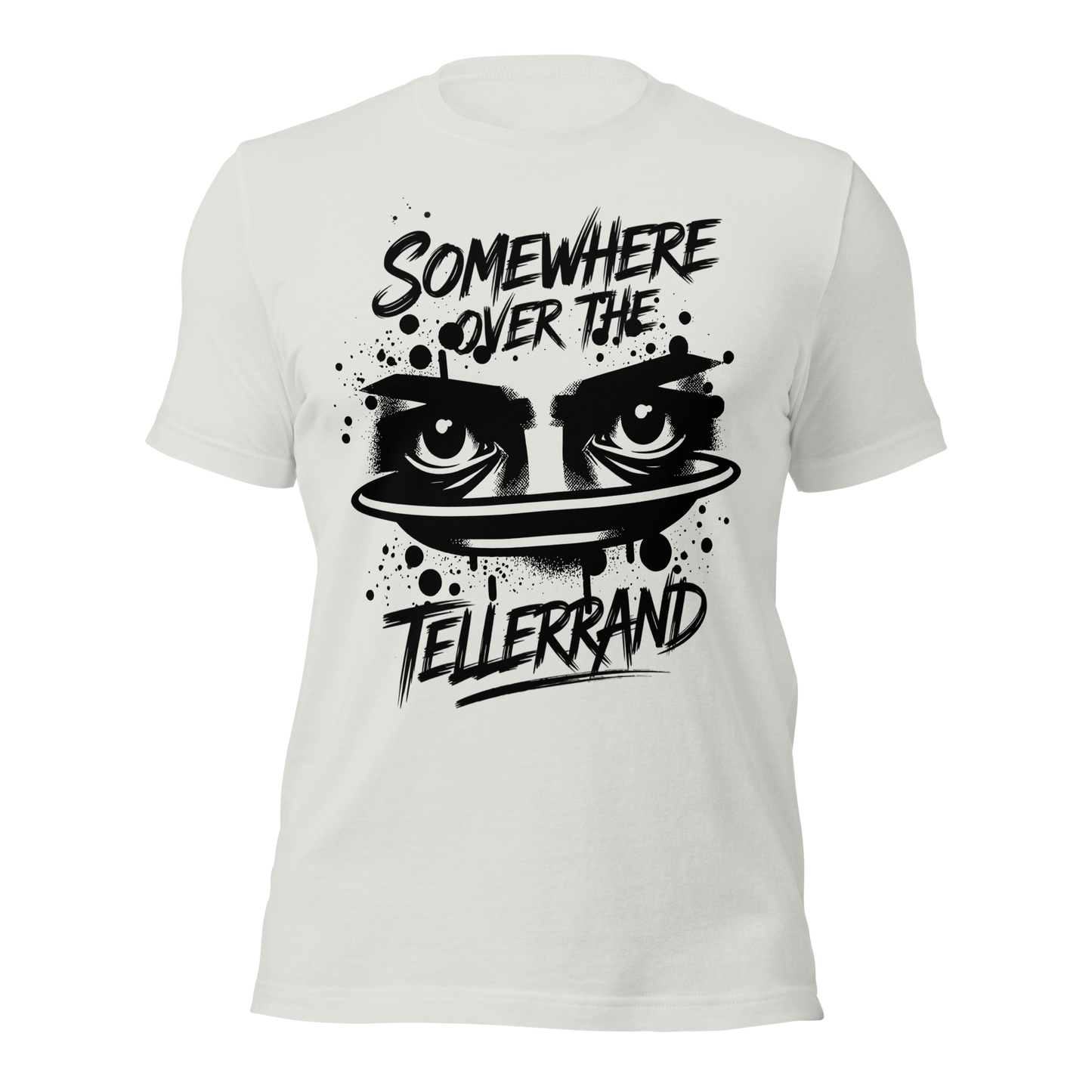 Silber farbendes Unisex T-Shirt mit Somewhere over the Tellerrand Print und Augen die über Tellerrand schauen