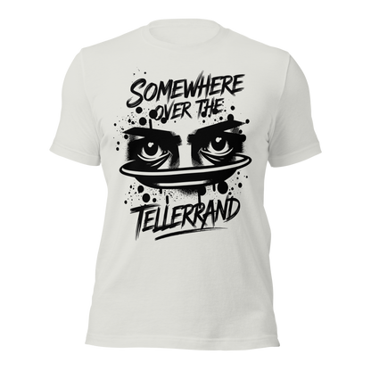 Silber farbendes Unisex T-Shirt mit Somewhere over the Tellerrand Print und Augen die über Tellerrand schauen