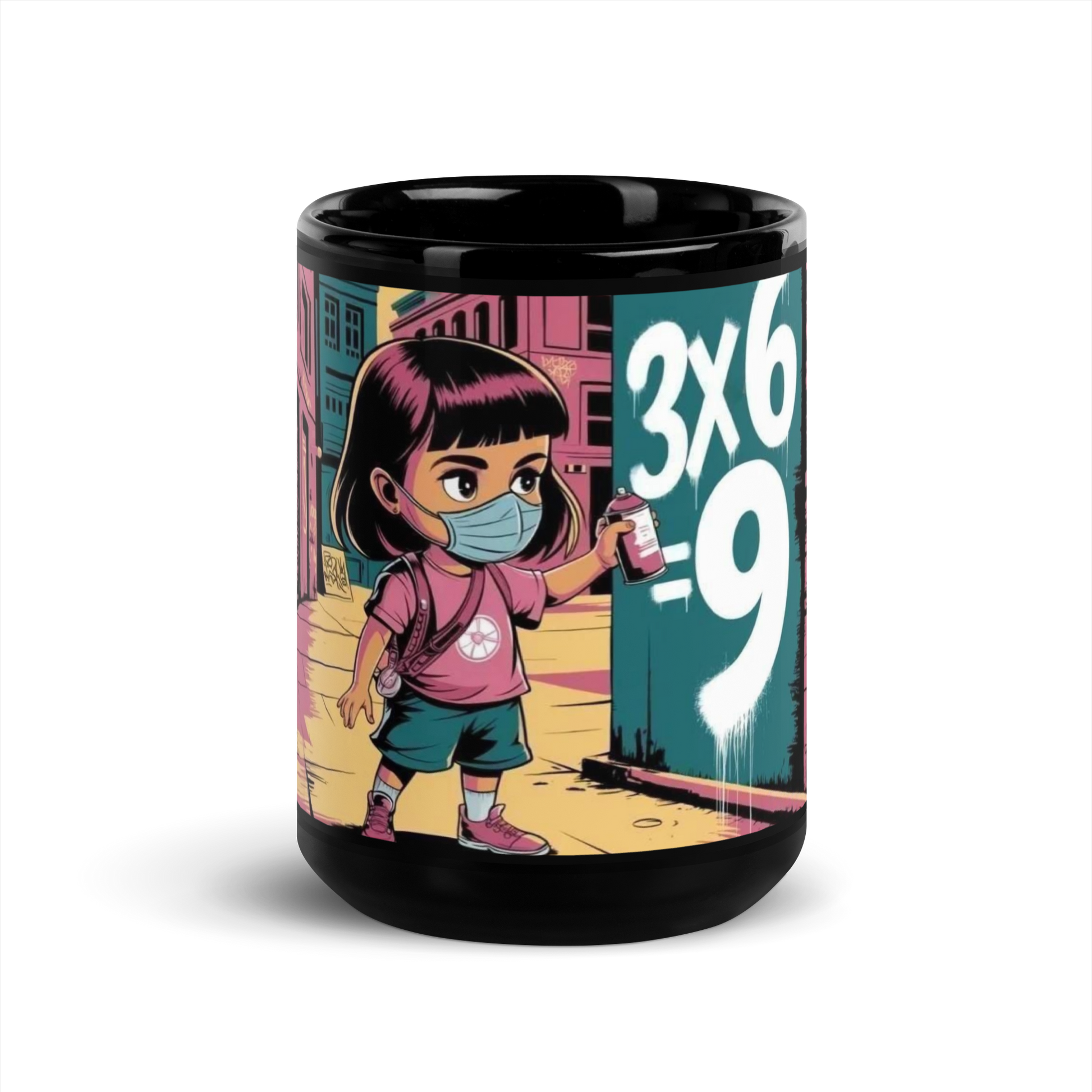 Schwarze Tasse mit sprühendem Kind und 3x6=9 Schriftzug Frontansicht