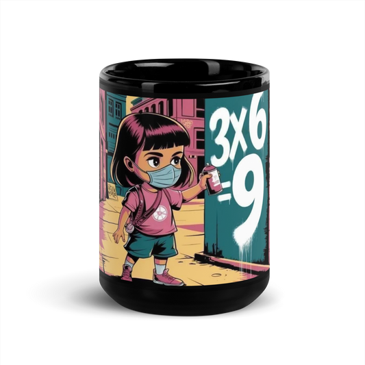 Schwarze Tasse mit sprühendem Kind und 3x6=9 Schriftzug Frontansicht
