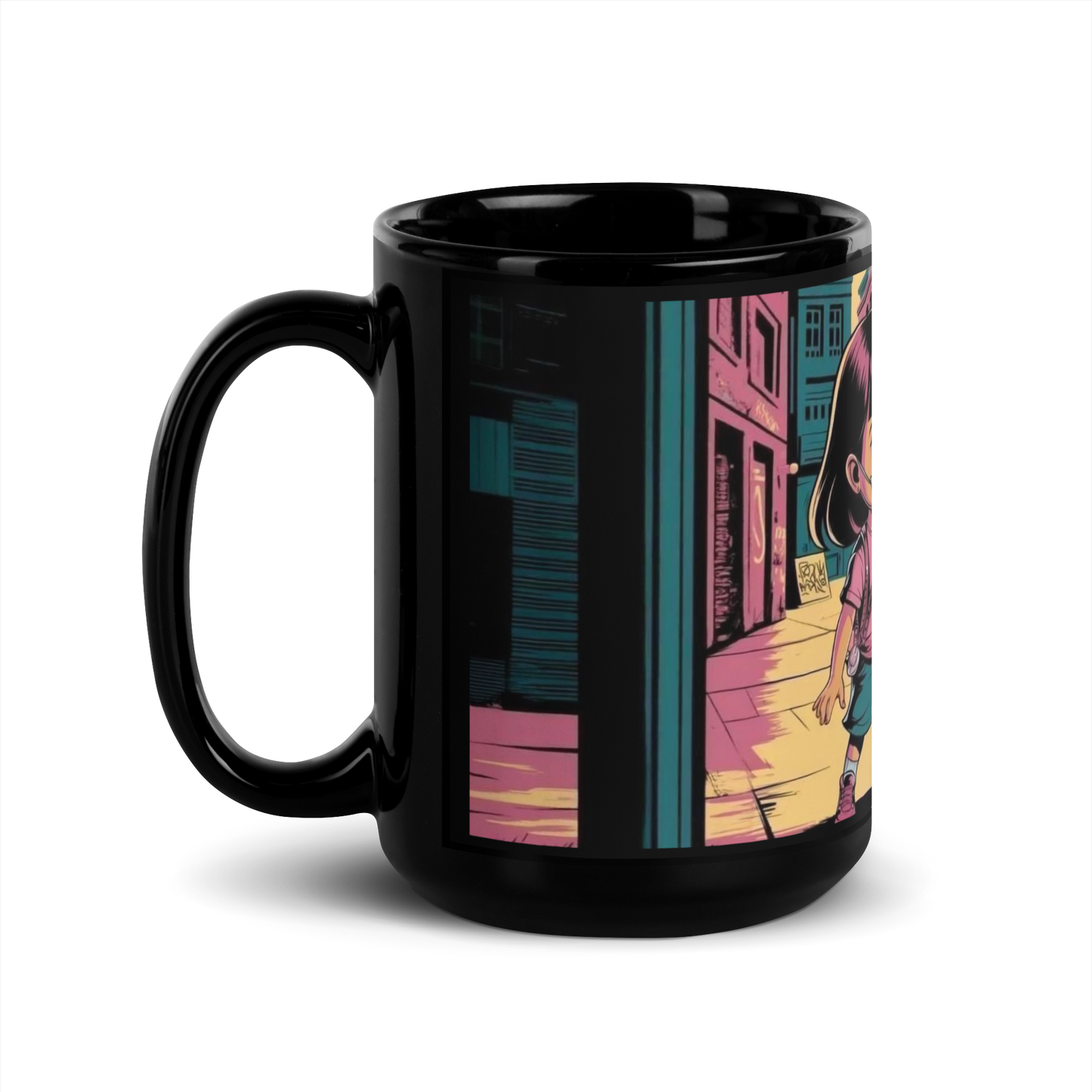 Schwarze Tasse mit sprühendem Kind und 3x6=9 Schriftzug Seitenansicht Links