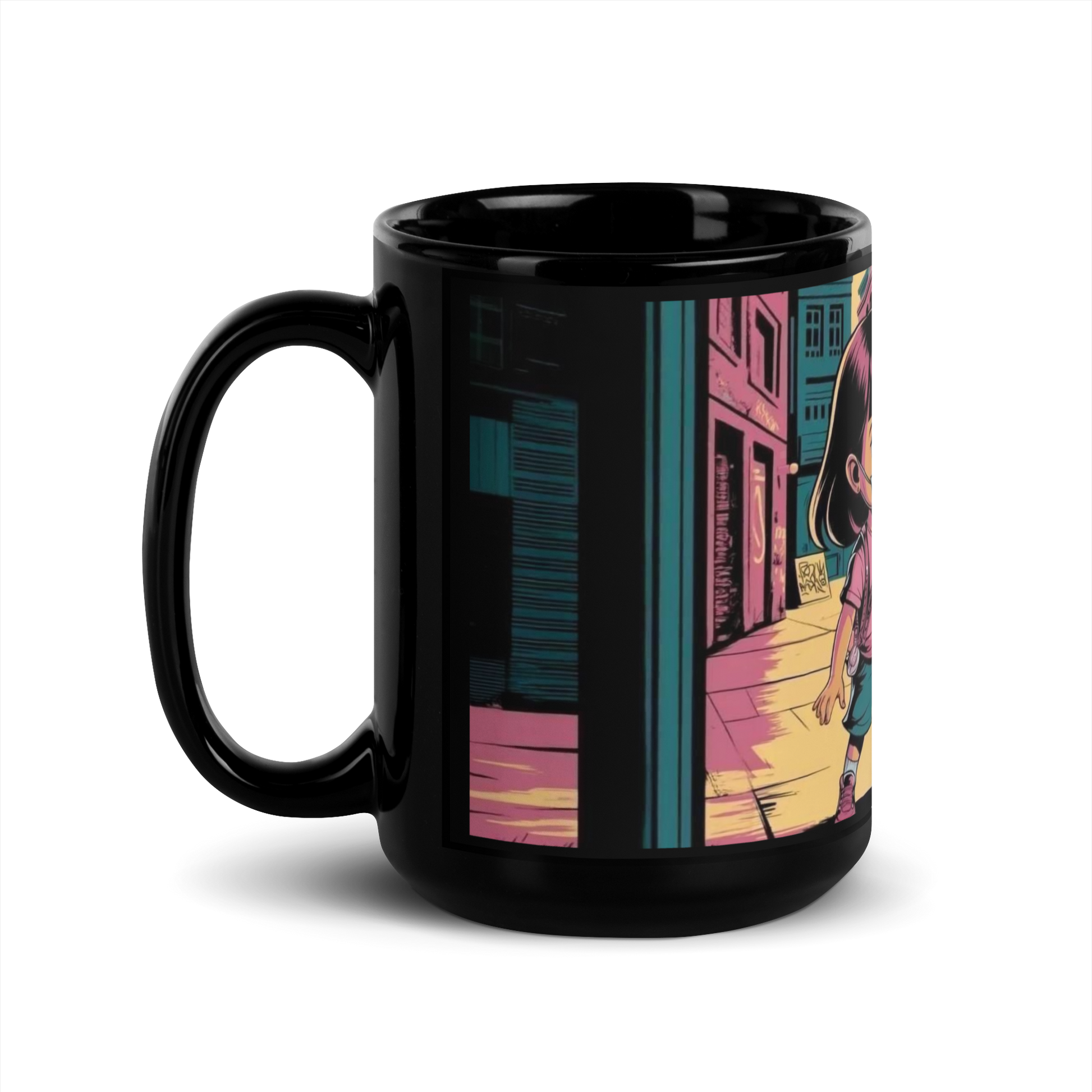 Schwarze Tasse mit sprühendem Kind und 3x6=9 Schriftzug Seitenansicht Links