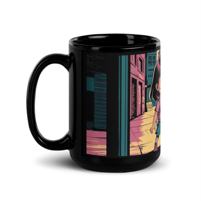 Schwarze Tasse mit sprühendem Kind und 3x6=9 Schriftzug Seitenansicht Links