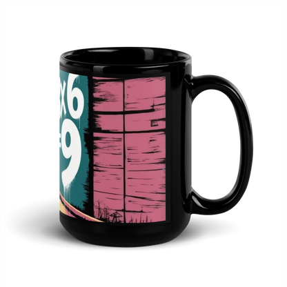 Schwarze Tasse mit sprühendem Kind und 3x6=9 Schriftzug Seitenansicht Rechts