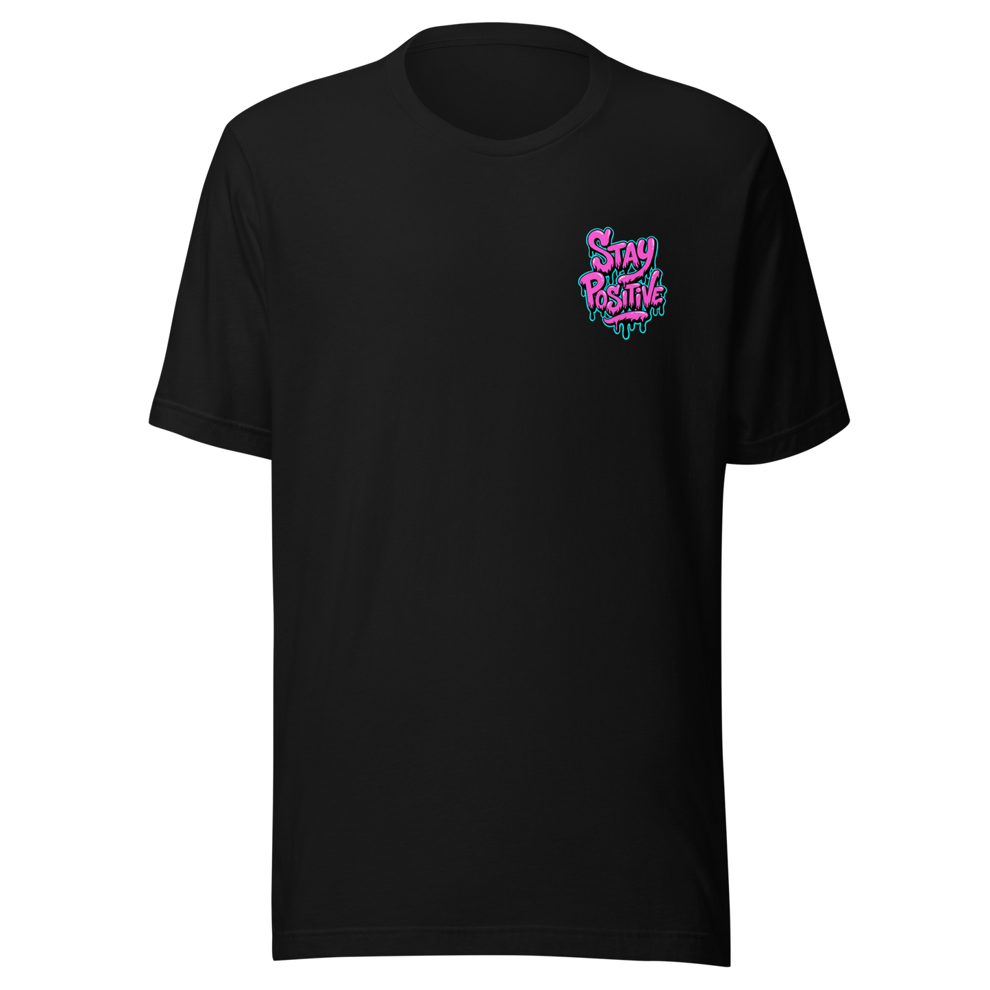 Schwarzes Unisex T-Shirt mit Stay Positive Schriftzug in Pink und blauer Outline mit Farbtropfen