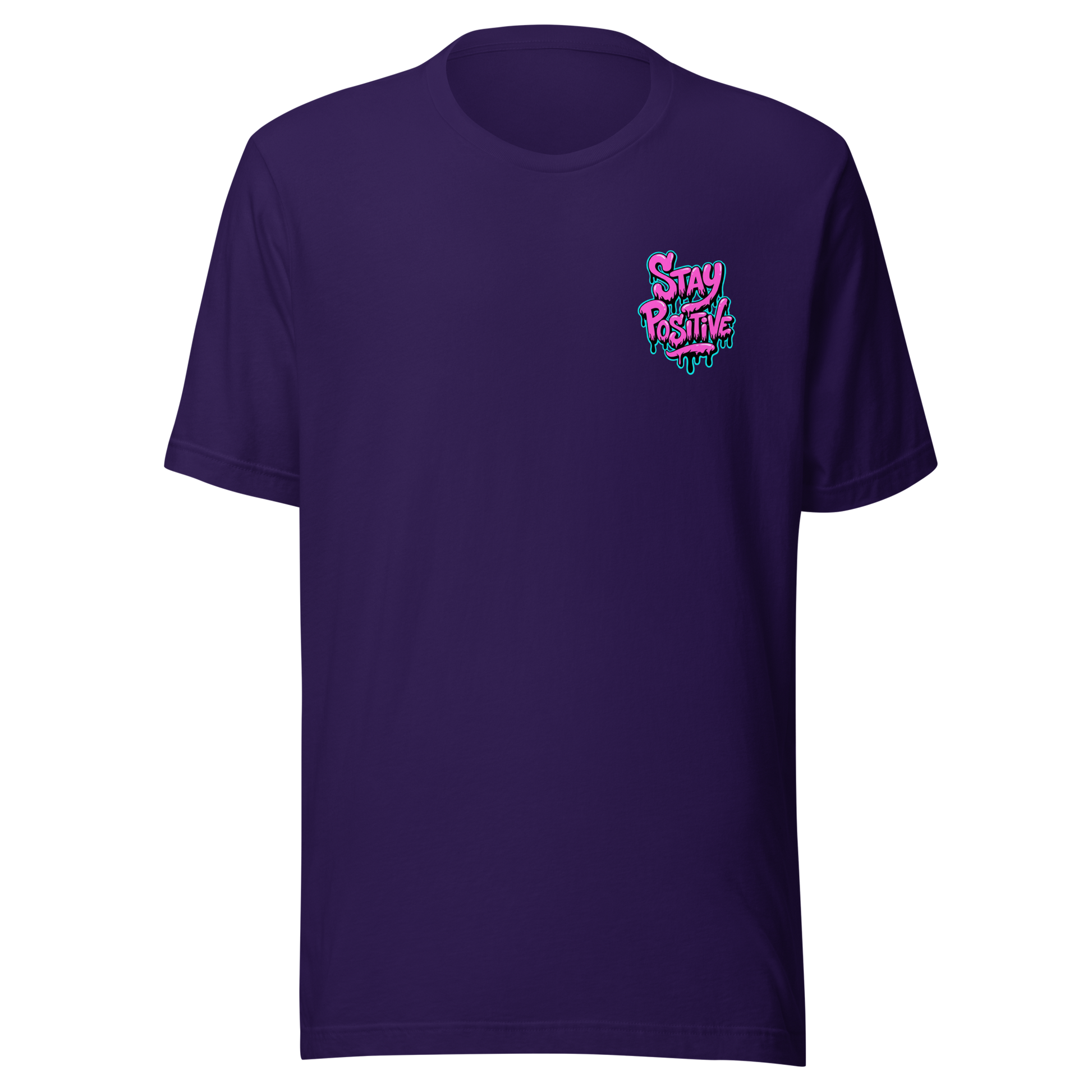 Lila Unisex T-Shirt mit Stay Positive Schriftzug in Pink und blauer Outline mit Farbtropfen