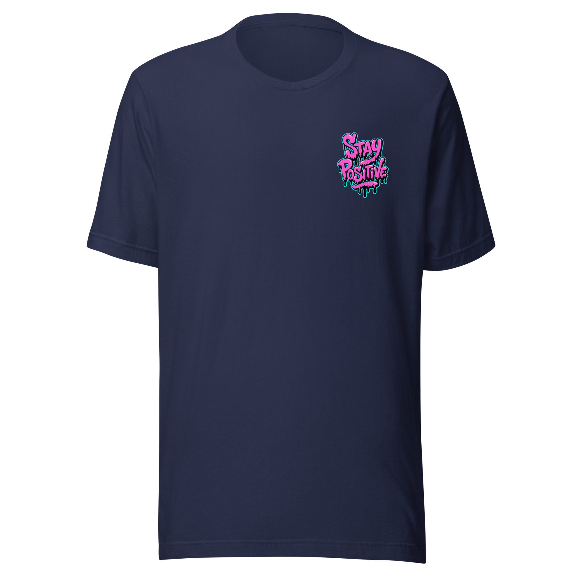 Navy Unisex T-Shirt mit Stay Positive Schriftzug in Pink und blauer Outline mit Farbtropfen