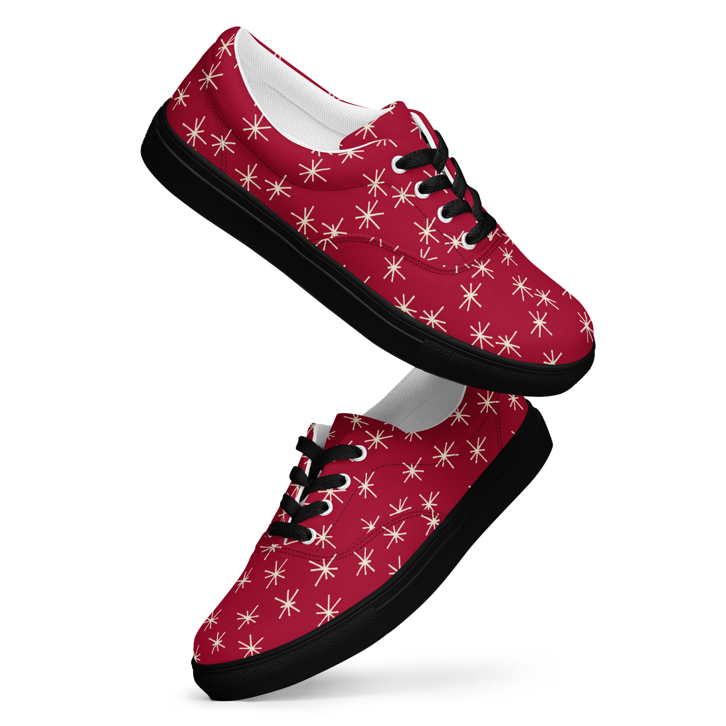 Rote Damen Sneaker mit  weissem Sternen Muster und schwarzem Rand Seitenansicht