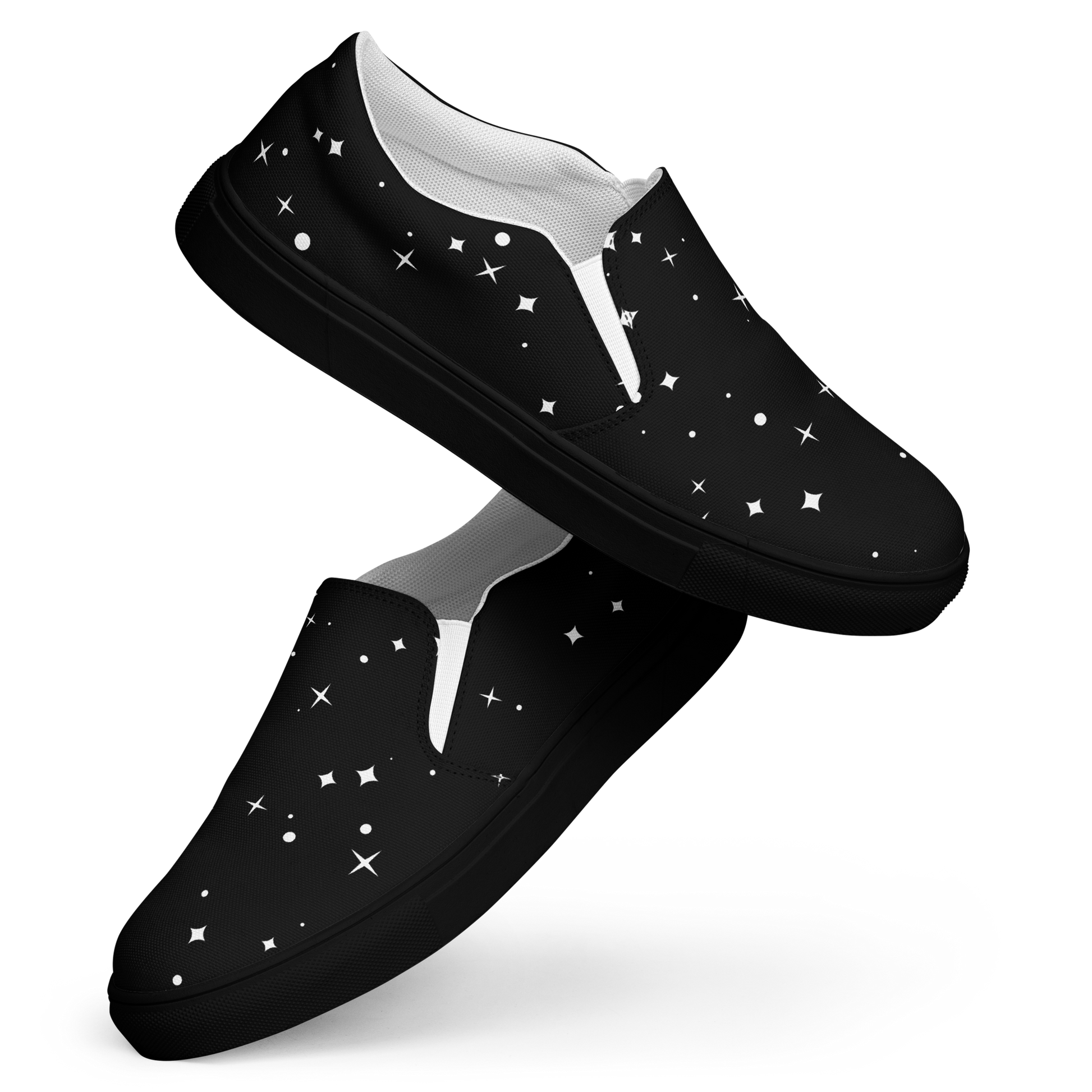 Schwarze Damen Slipper mit weißen Sternen und Punkten bedruckt