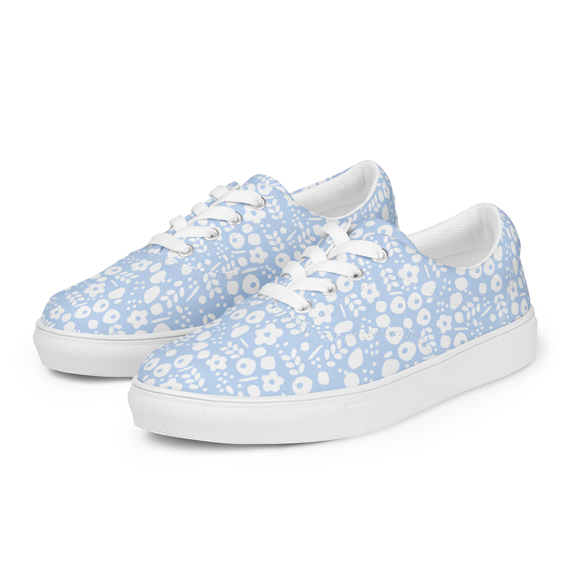 Seitenansicht Hellblaue Damen Sneaker mit weißem Blumenmuster