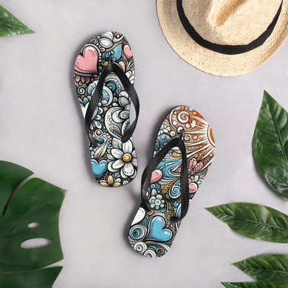 Bunte Flip-Flops mit bunten Blumen, Herzen und Sonne mit Mock Up Hintergrund