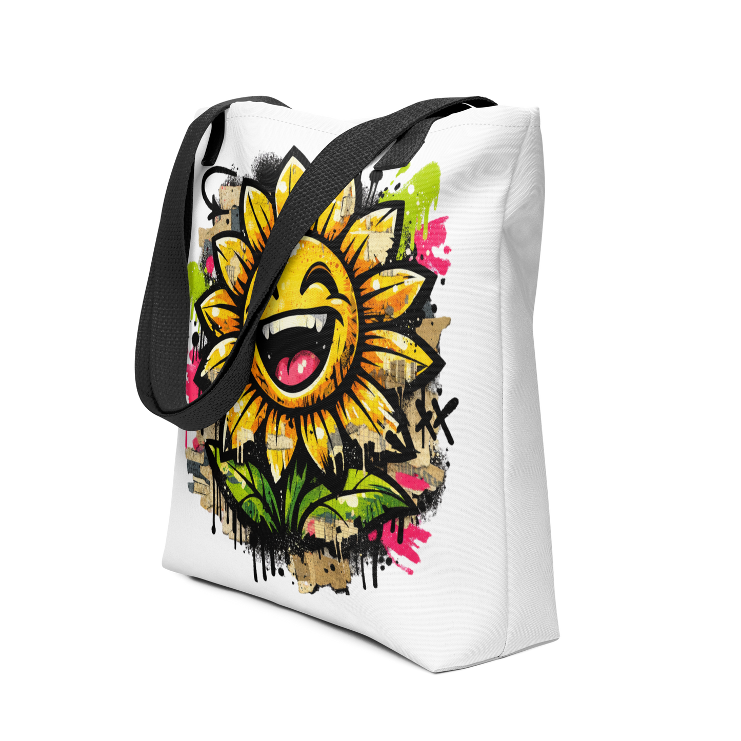 Weißer All Over Stoffbeutel mit lachender Sonnenblume als bunter Streetart Print, Seitenansicht