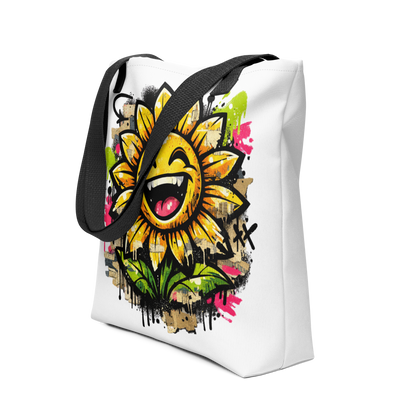 Weißer All Over Stoffbeutel mit lachender Sonnenblume als bunter Streetart Print, Seitenansicht