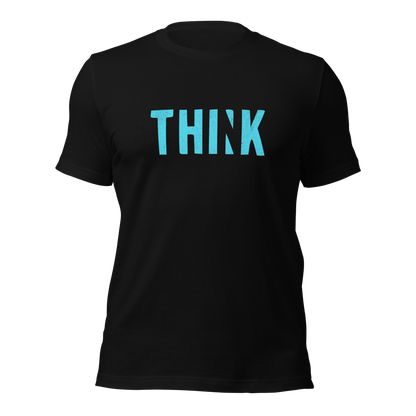 Schwarzes Unisex T-Shirt mit blauem THINK Print bei dem das N ausgeschnitten ist