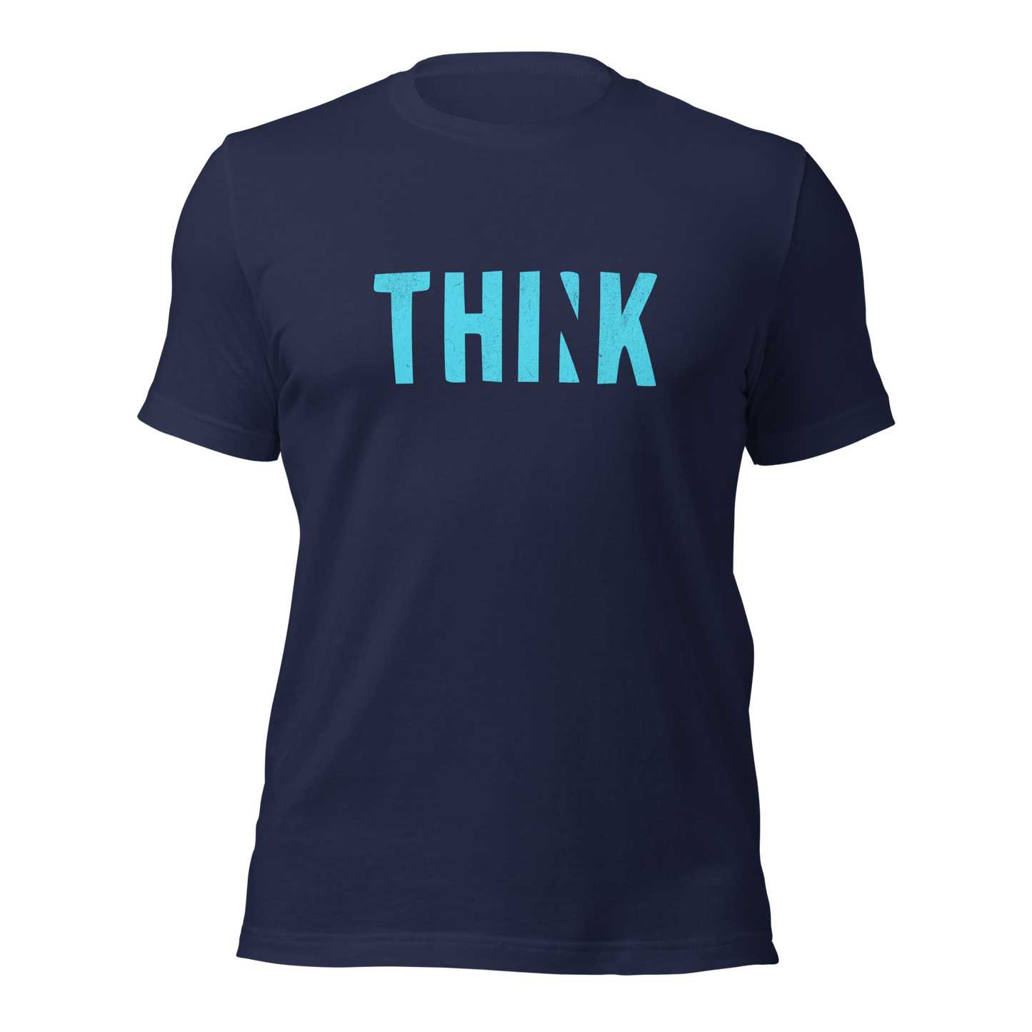 Navy Unisex T-Shirt mit blauem THINK Print bei dem das N ausgeschnitten ist