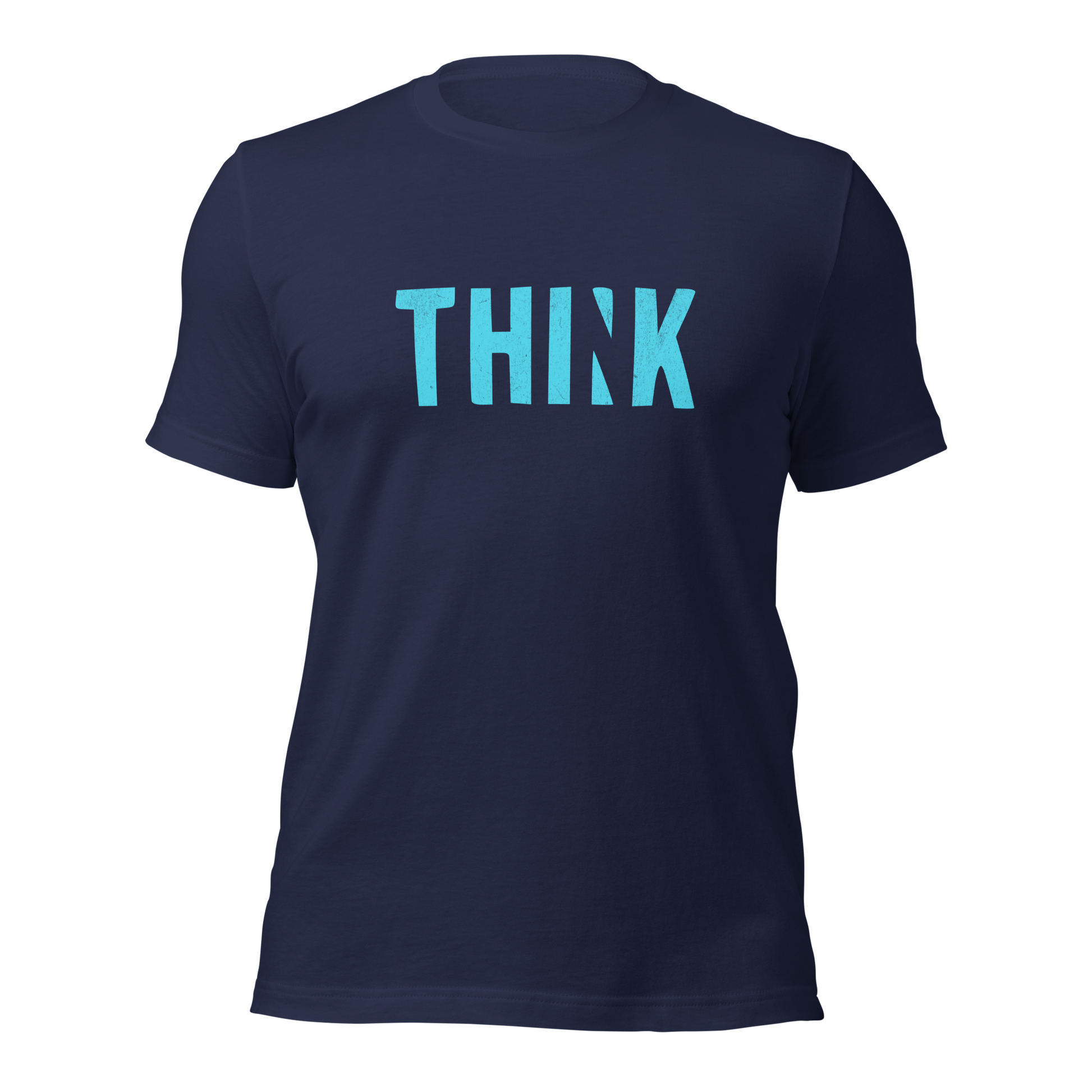 Navy Unisex T-Shirt mit blauem THINK Print bei dem das N ausgeschnitten ist