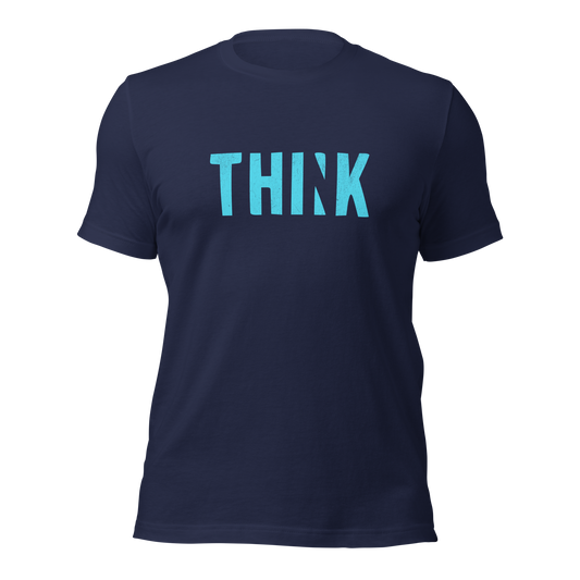Navy Unisex T-Shirt mit blauem THINK Print bei dem das N ausgeschnitten ist
