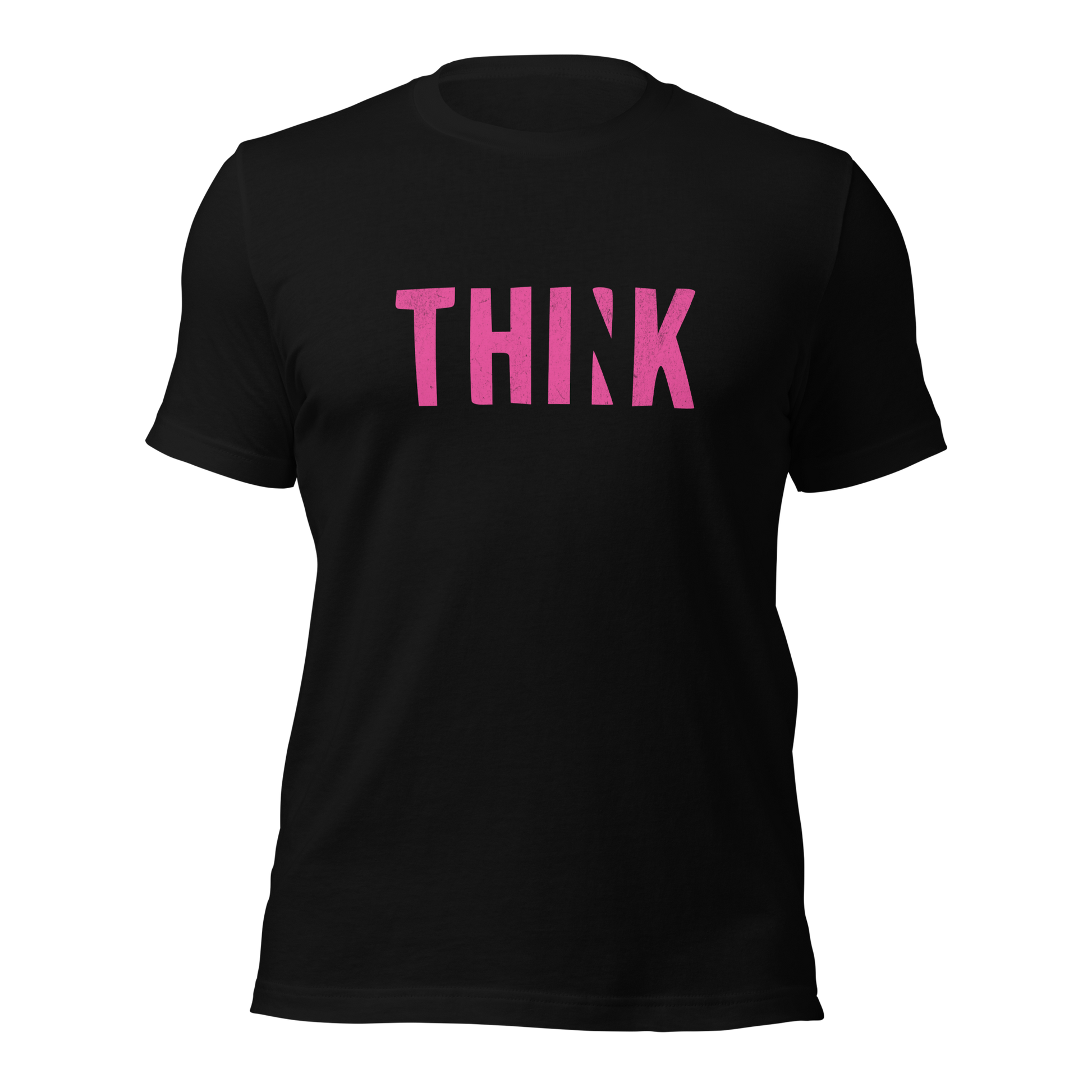 Schwarzes Unisex T-Shirt mit pinkem THINK Print bei dem das N ausgeschnitten ist