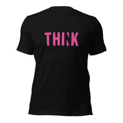 Schwarzes Unisex T-Shirt mit pinkem THINK Print bei dem das N ausgeschnitten ist