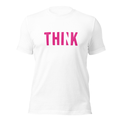 Weißes Unisex T-Shirt mit grünem THINK Print bei dem das N ausgeschnitten ist
