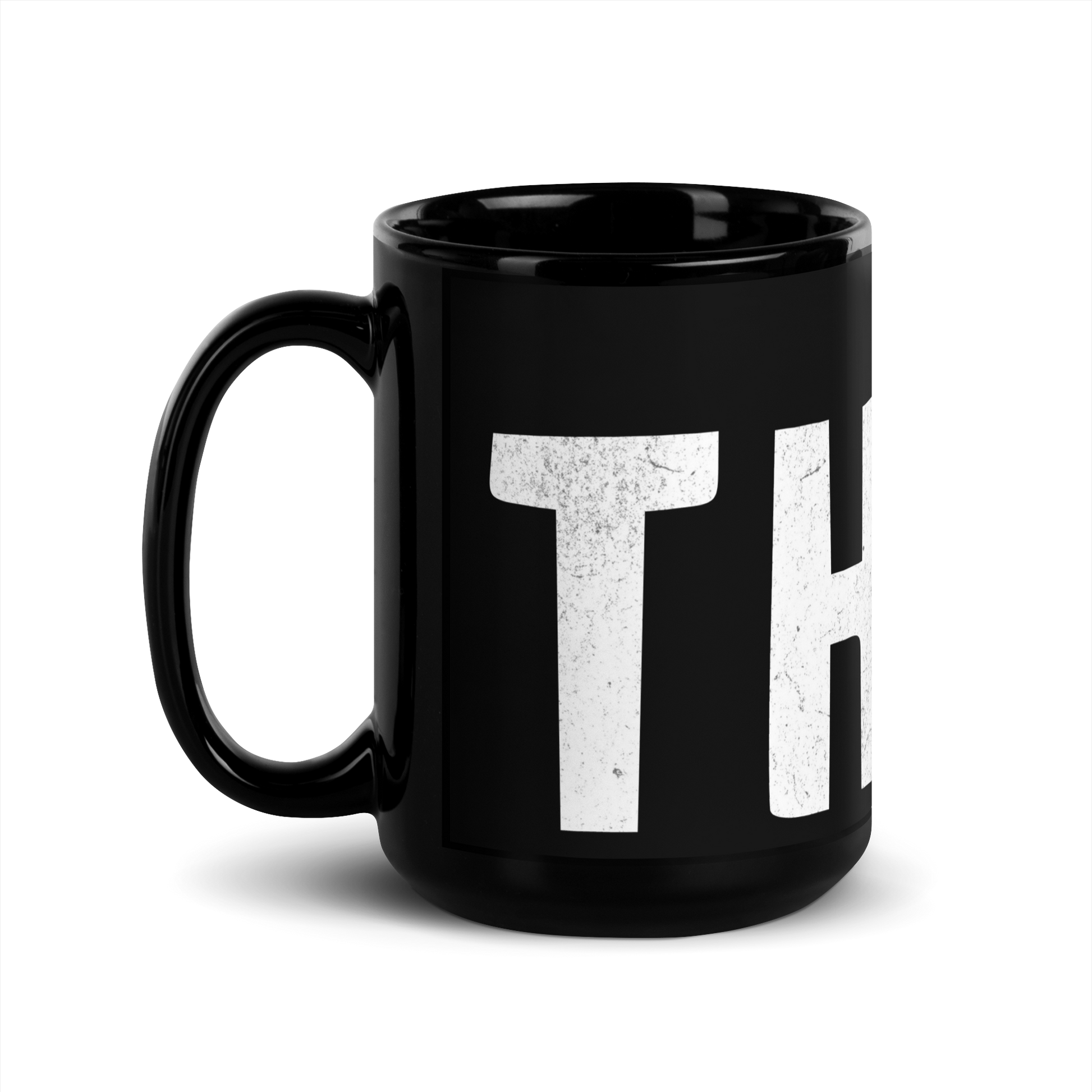 Schwarze Tasse mit THINK Aufdruck mit ausgeschnittenem N, Seitenansicht Links
