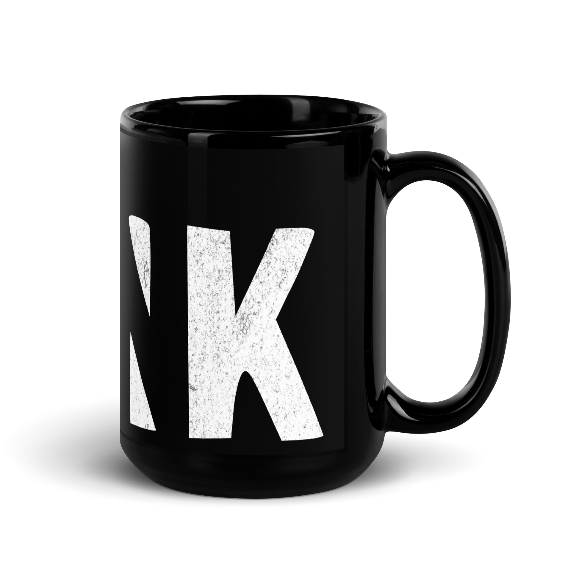 Schwarze Tasse mit THINK Aufdruck mit ausgeschnittenem N, Seitenansicht Rechts