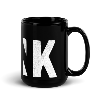 Schwarze Tasse mit THINK Aufdruck mit ausgeschnittenem N, Seitenansicht Rechts