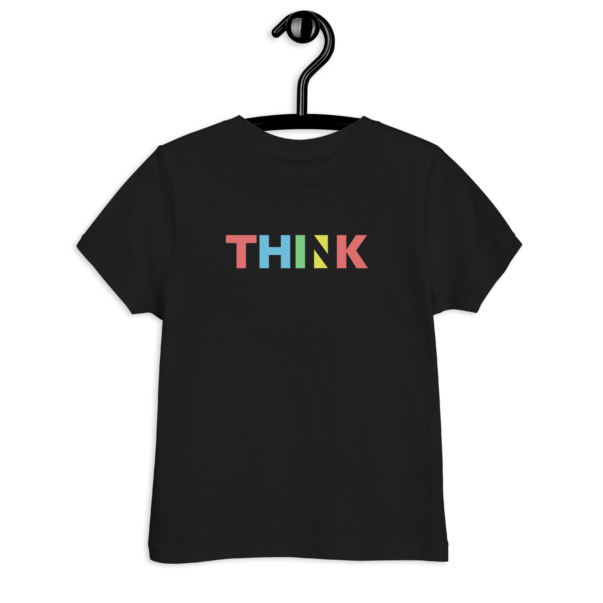 Schwarzes T-Shirt  mit buntem minimalistischem THINK Schriftzug