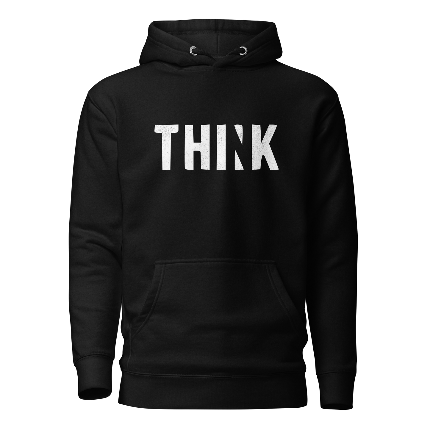 Schwarzer Unisex Hoodie mit THINK  Print bei dem das N ausgeschnitten ist