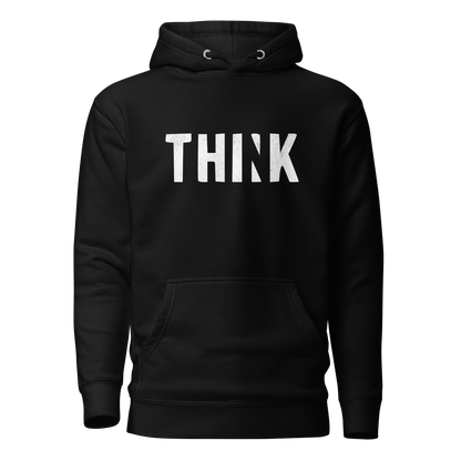 Schwarzer Unisex Hoodie mit THINK  Print bei dem das N ausgeschnitten ist