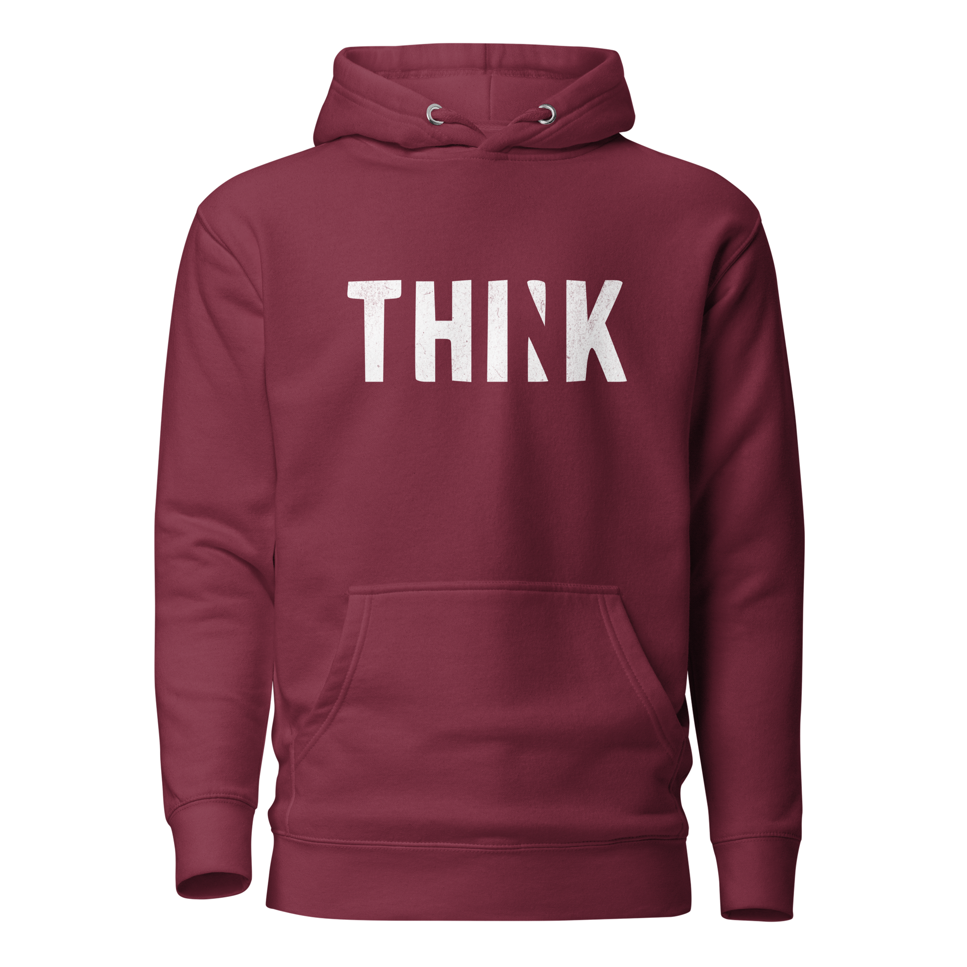 Kastanienroter Unisex Hoodie mit THINK  Print bei dem das N ausgeschnitten ist
