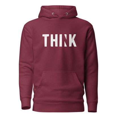 Kastanienroter Unisex Hoodie mit THINK  Print bei dem das N ausgeschnitten ist