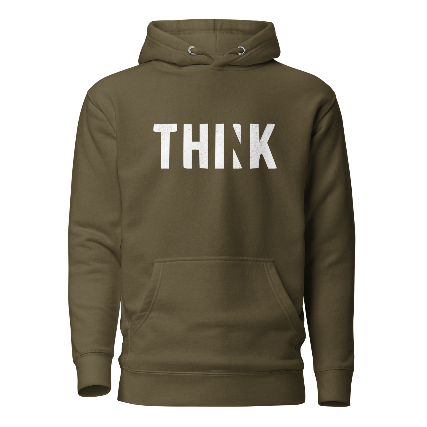 Militärgrüner Unisex Hoodie mit THINK  Print bei dem das N ausgeschnitten ist