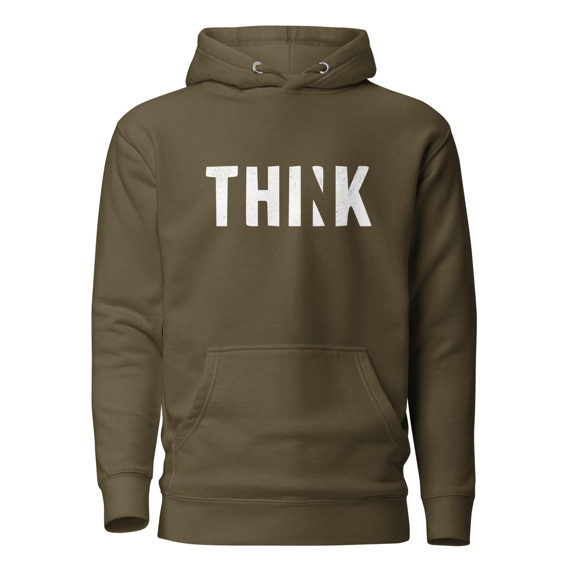 Militärgrüner Unisex Hoodie mit THINK  Print bei dem das N ausgeschnitten ist