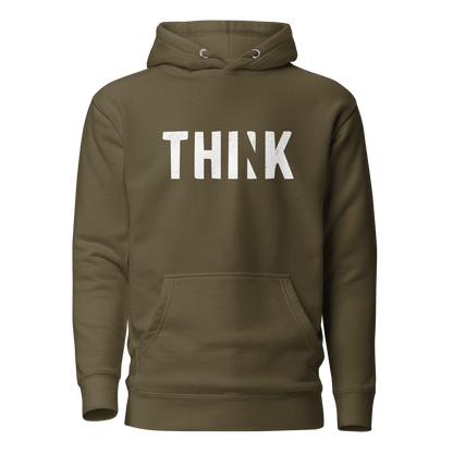 Militärgrüner Unisex Hoodie mit THINK  Print bei dem das N ausgeschnitten ist