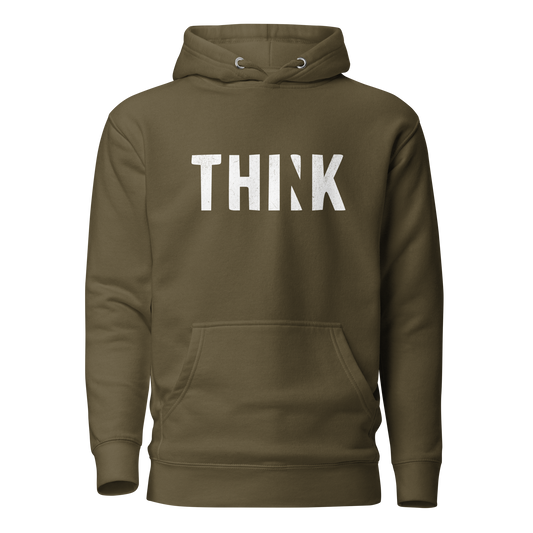 Militärgrüner Unisex Hoodie mit THINK  Print bei dem das N ausgeschnitten ist