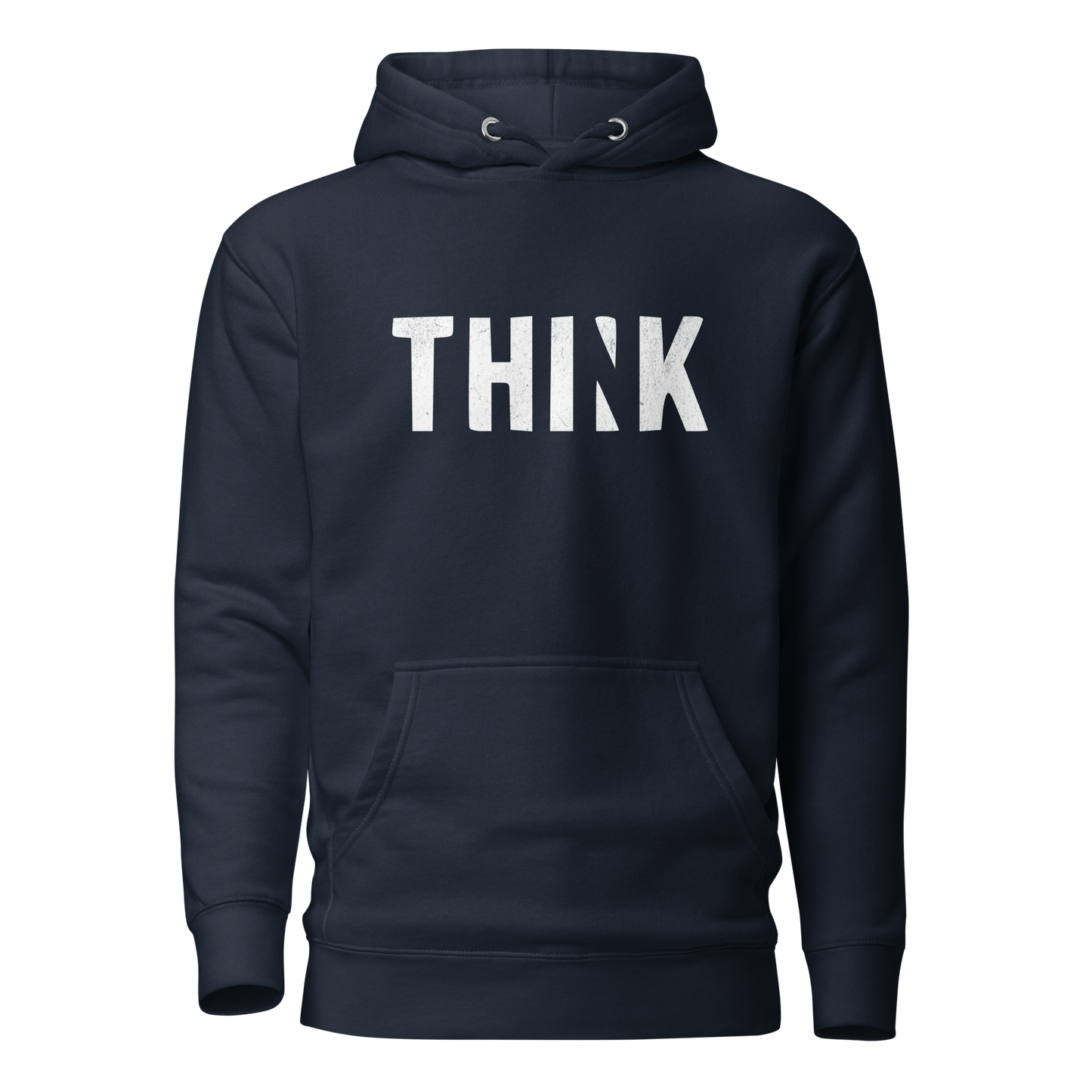Navy Unisex Hoodie mit THINK  Print bei dem das N ausgeschnitten ist