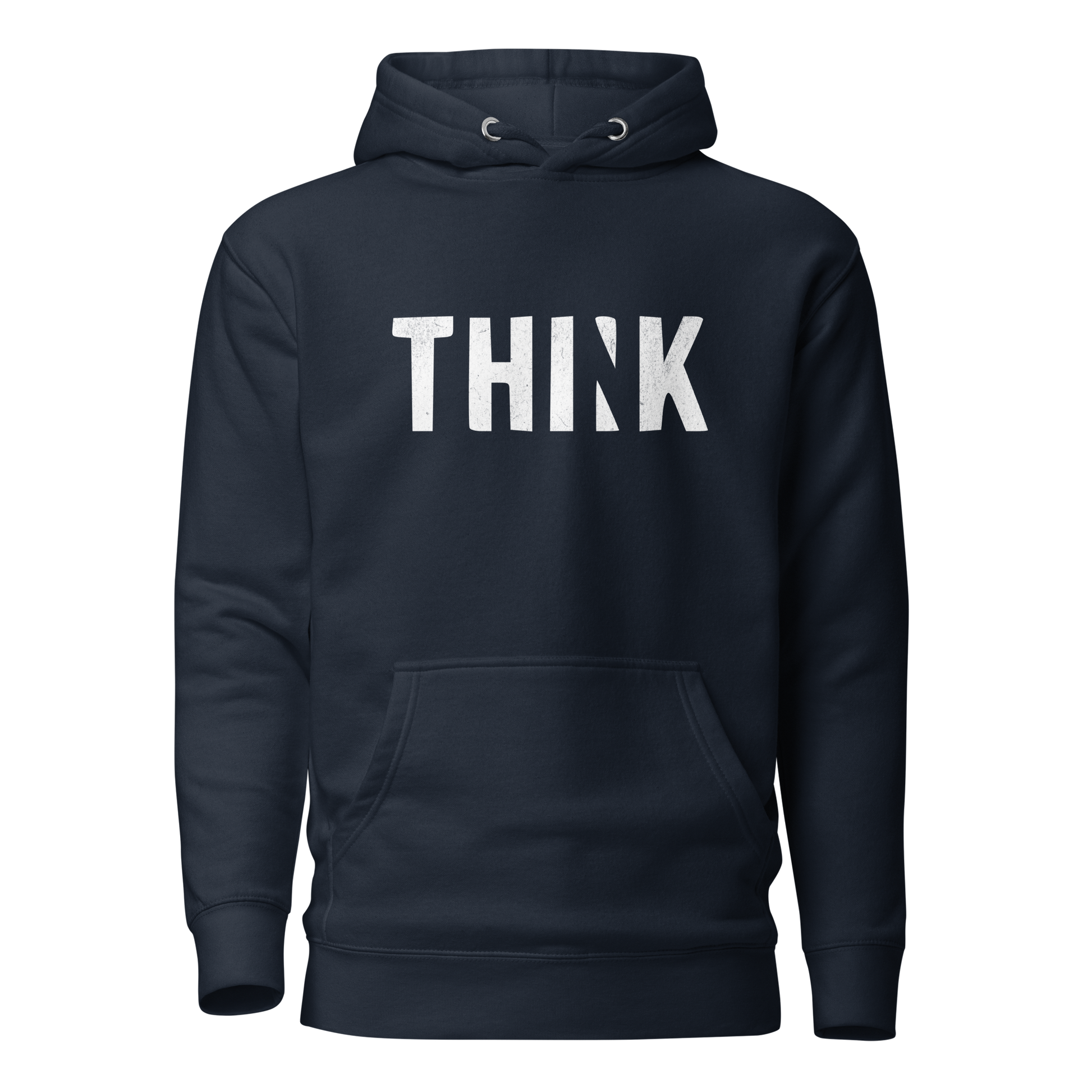 Navy Unisex Hoodie mit THINK  Print bei dem das N ausgeschnitten ist