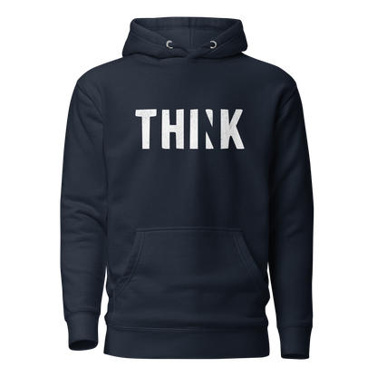 Navy Unisex Hoodie mit THINK  Print bei dem das N ausgeschnitten ist