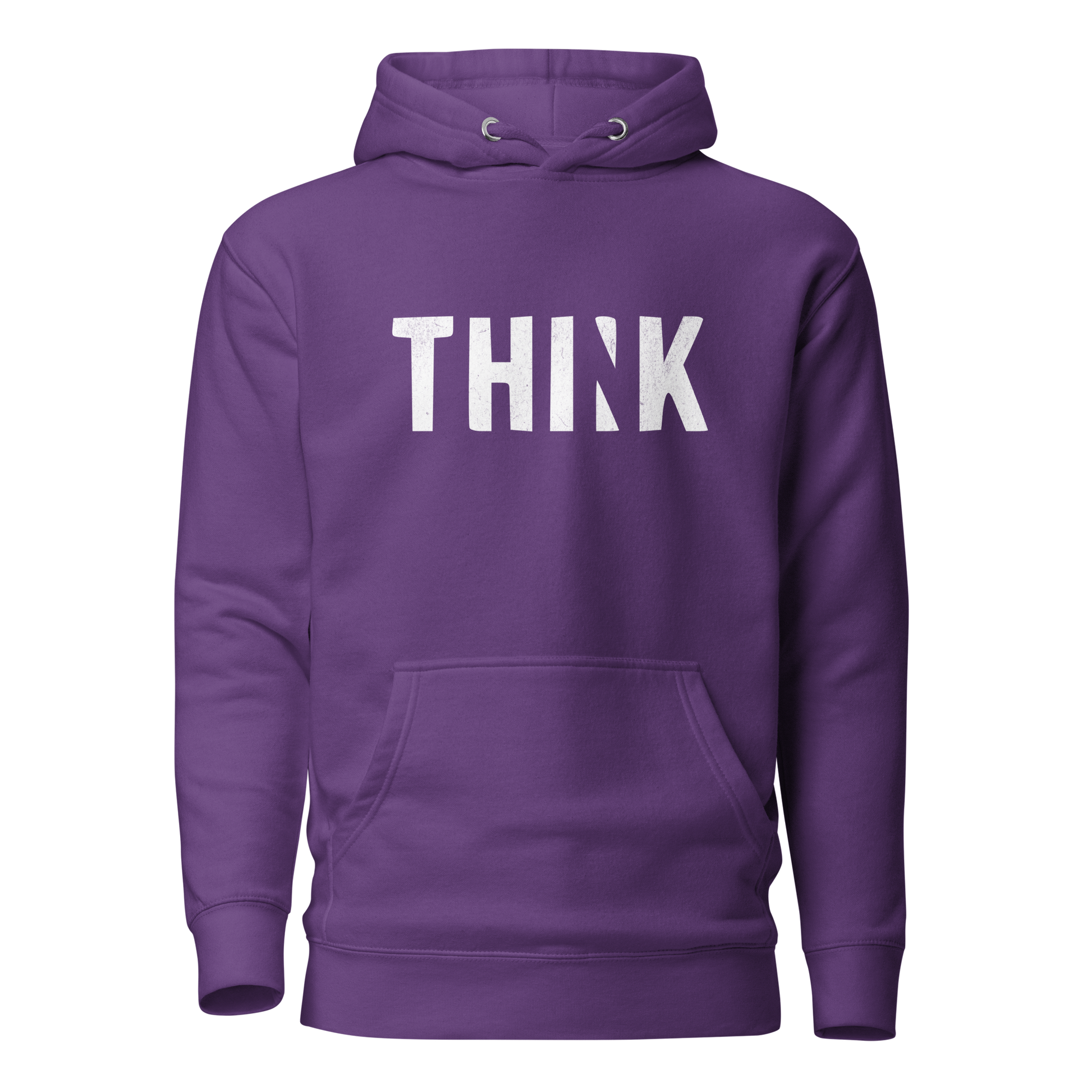 Lila Unisex Hoodie mit THINK  Print bei dem das N ausgeschnitten ist
