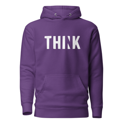 Lila Unisex Hoodie mit THINK  Print bei dem das N ausgeschnitten ist