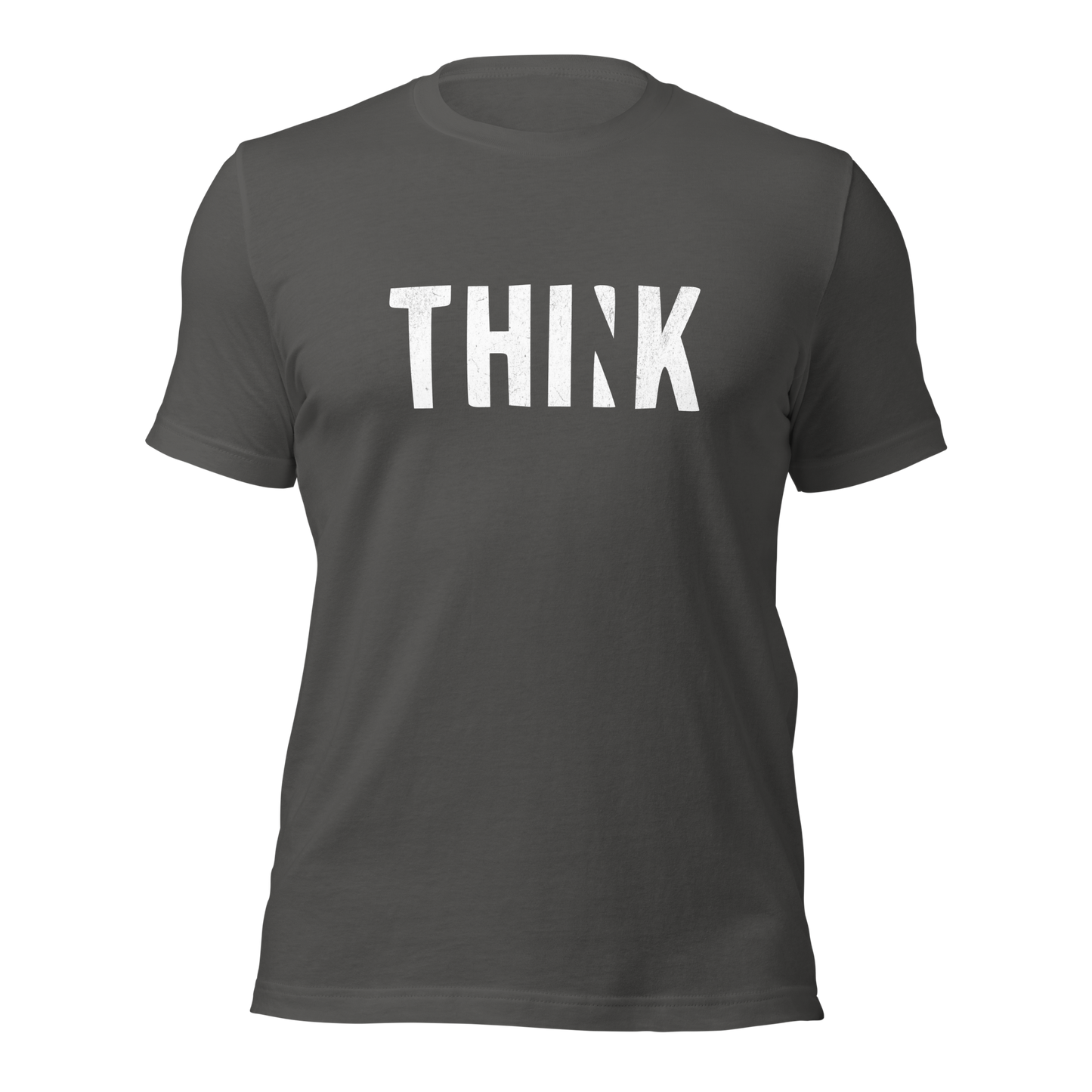 Asphalt graues Unisex T-Shirt mit THINK  Print bei dem das N ausgeschnitten ist