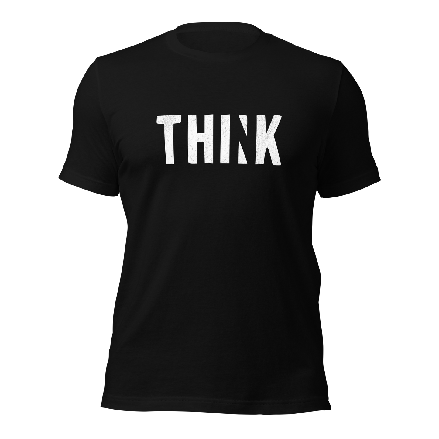 Schwarzes Unisex T-Shirt mit THINK  Print bei dem das N ausgeschnitten ist