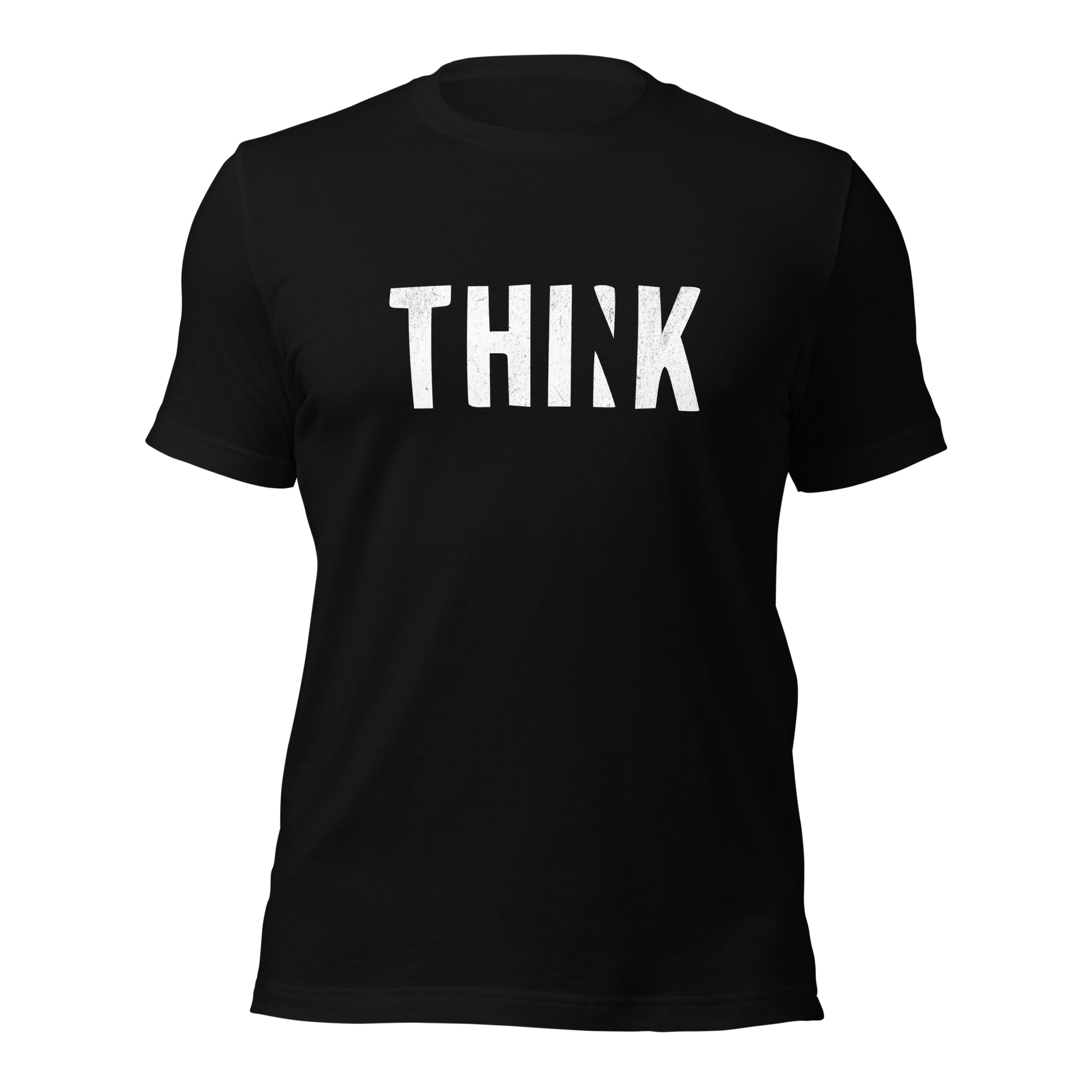 Schwarzes Unisex T-Shirt mit THINK  Print bei dem das N ausgeschnitten ist