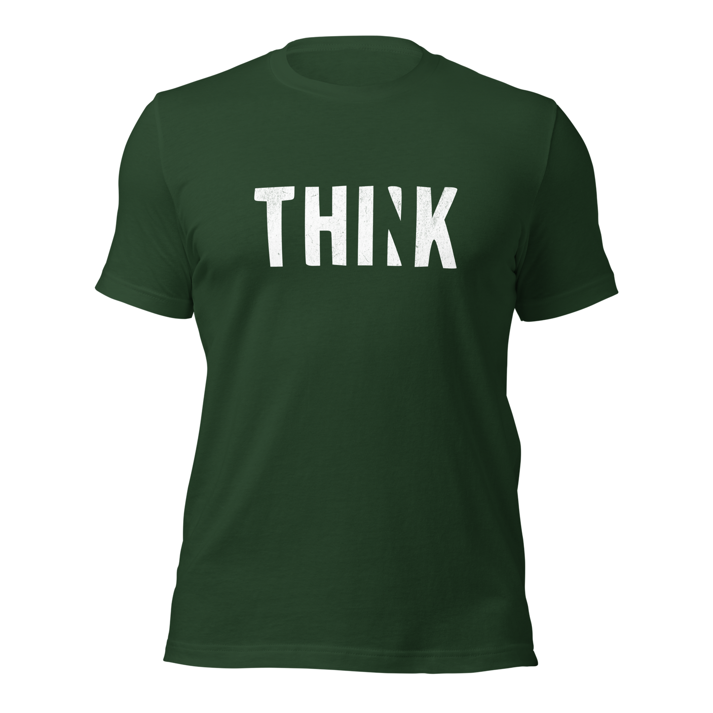 Waldgrünes Unisex T-Shirt mit THINK  Print bei dem das N ausgeschnitten ist
