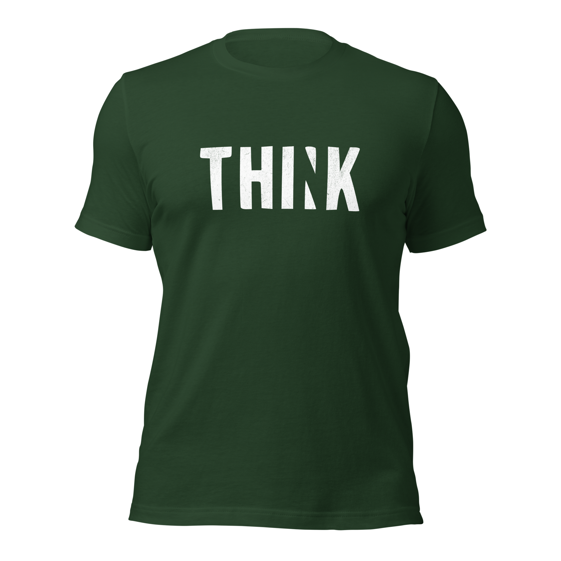 Waldgrünes Unisex T-Shirt mit THINK  Print bei dem das N ausgeschnitten ist