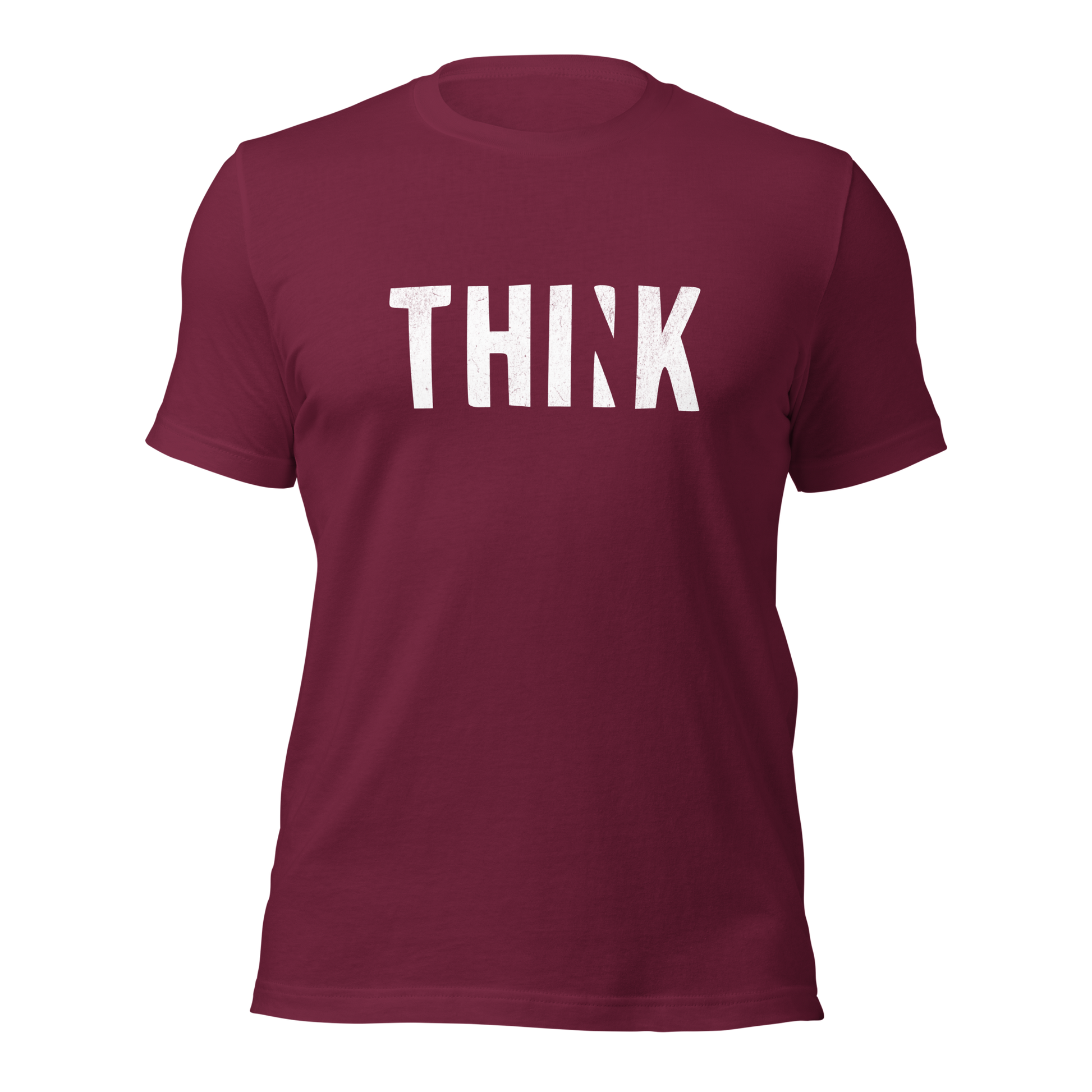 Kastanienrotes Unisex T-Shirt mit THINK  Print bei dem das N ausgeschnitten ist