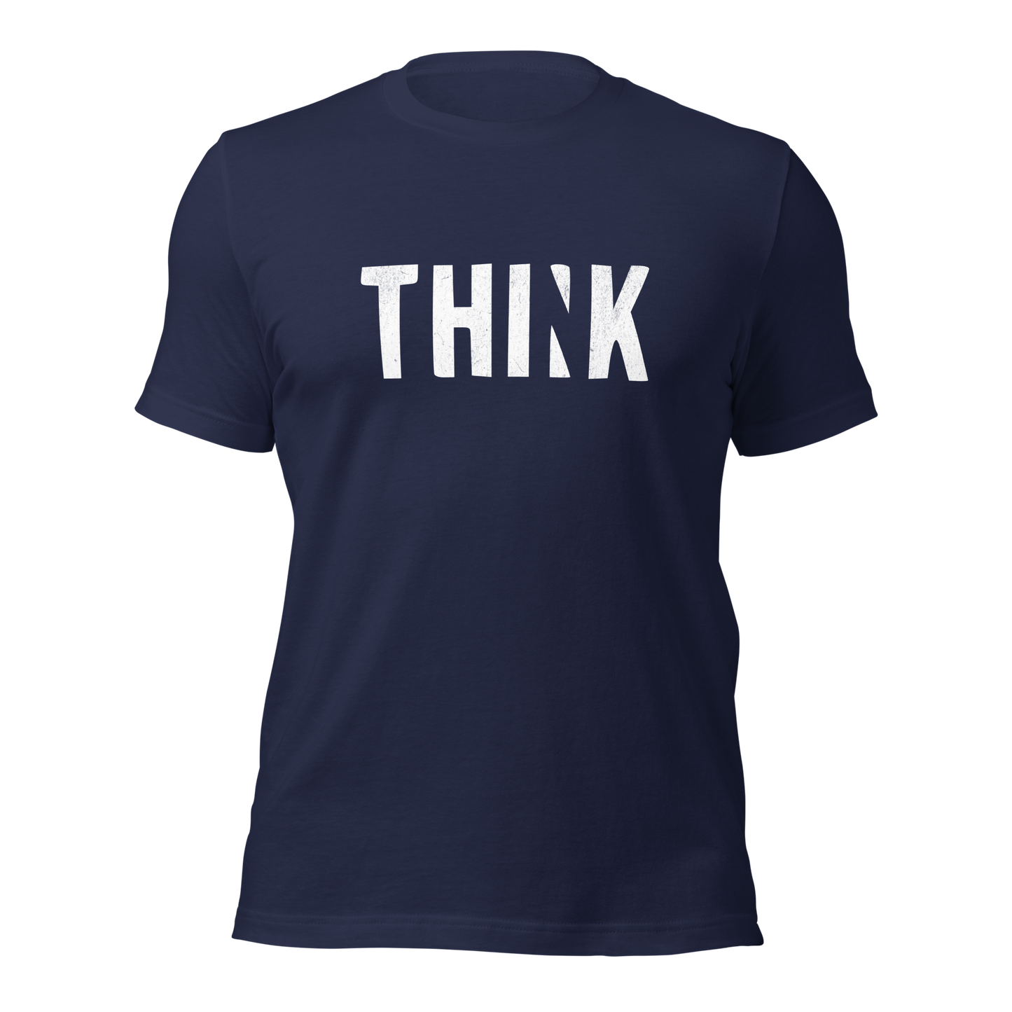 Navy Unisex T-Shirt mit THINK  Print bei dem das N ausgeschnitten ist
